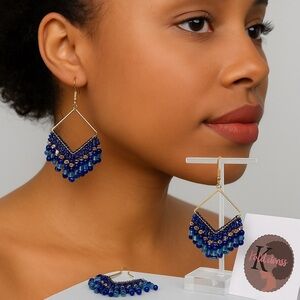 Chic Blue Beaded Earrings with Gold Accents